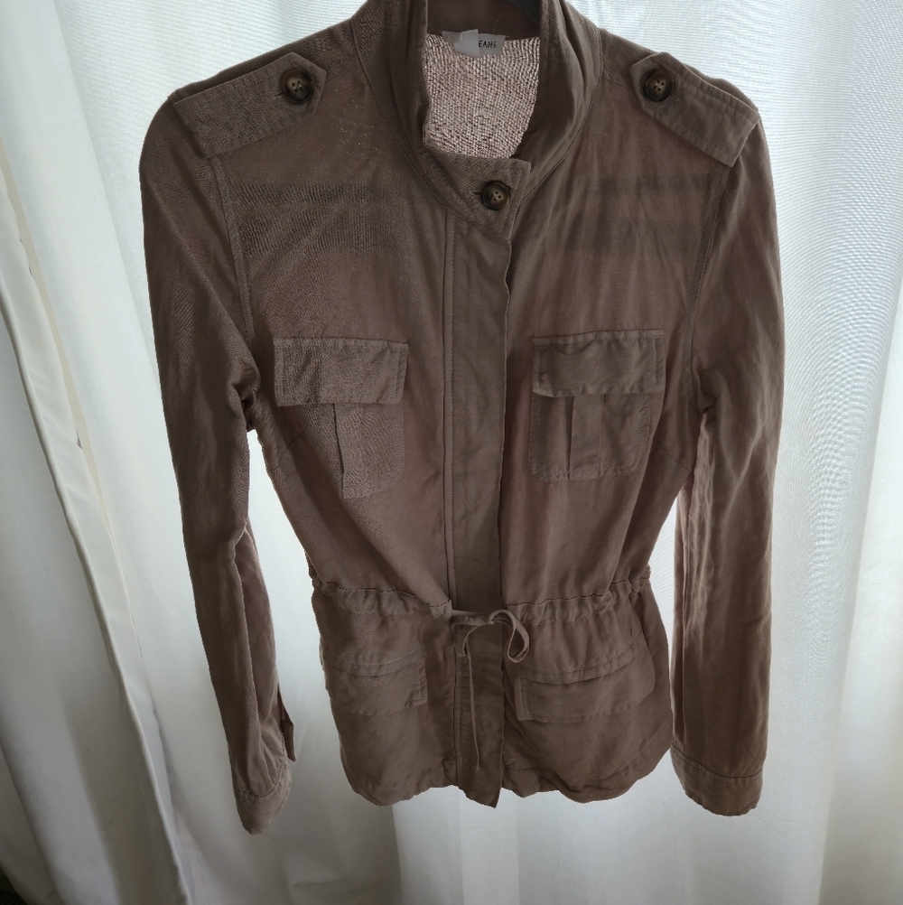 Linen Blend Utility Field Jacket Women S Cargo Pocket Military Travel Spring EUC